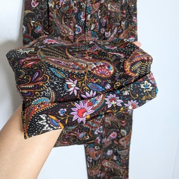 Z & L Elastic Tie Waist Straight Leg Paisley Floral Print Pants Black Red Gold M - Picture 9 of 12